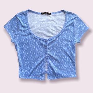Blue, flower print, button up, short sleeve, crop top.